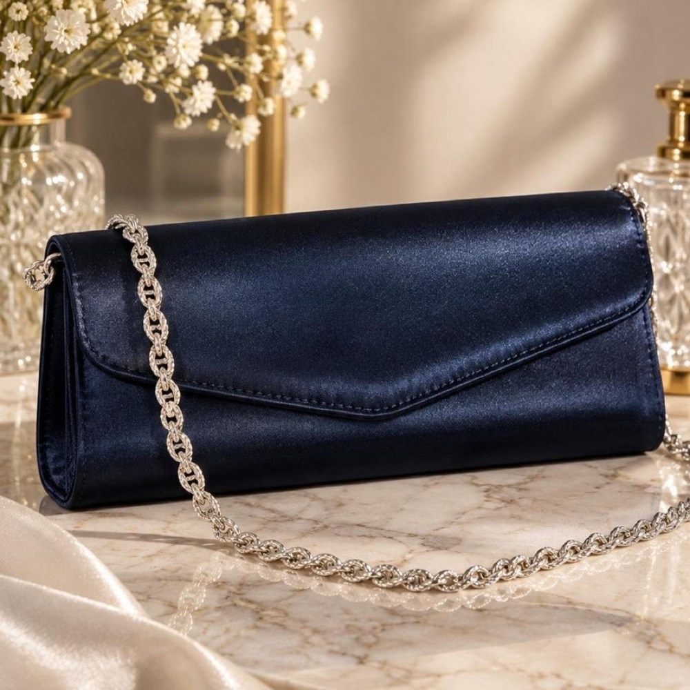 Nardelli Made in Italy Navy Satin Evening Bag Silver Chain Y2K Formal Purse